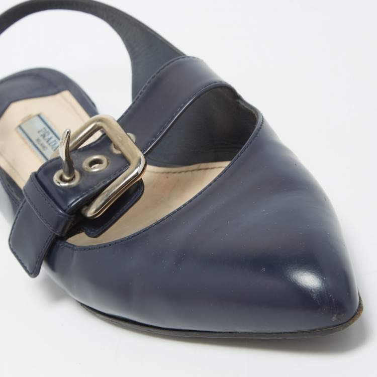 Pre Owned Prada Navy Blue Leather Buckle Slingback Flats Size 37