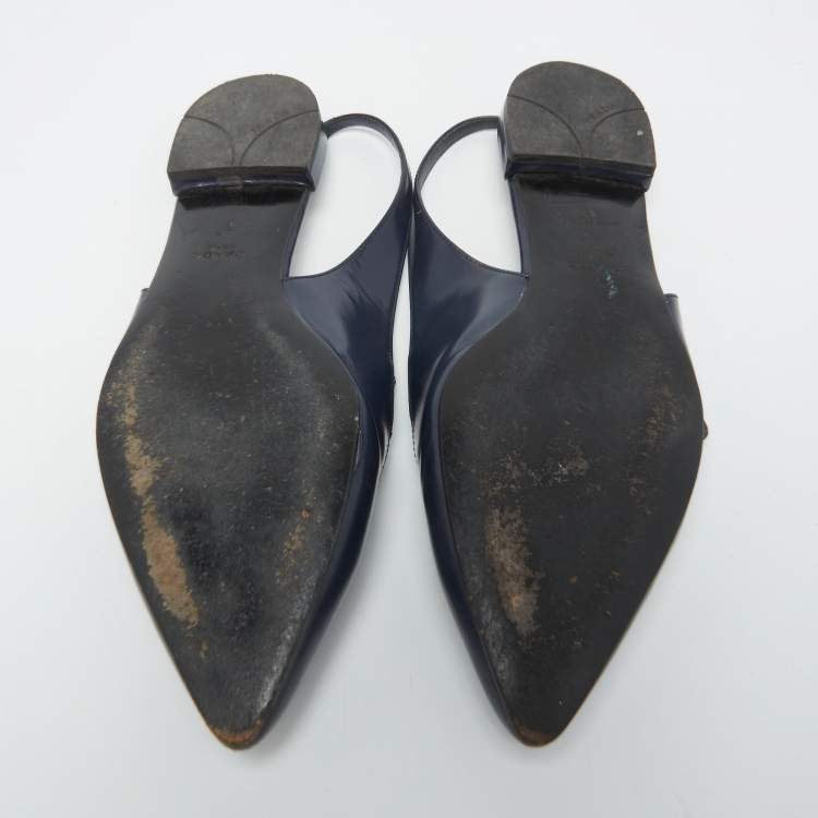 Pre Owned Prada Navy Blue Leather Buckle Slingback Flats Size 37