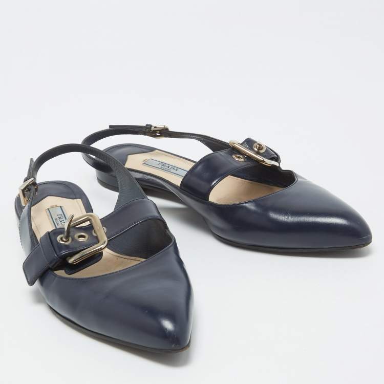 Pre Owned Prada Navy Blue Leather Buckle Slingback Flats Size 37