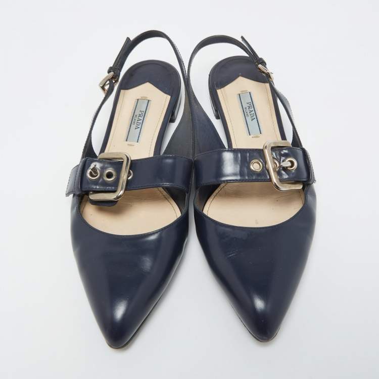 Pre Owned Prada Navy Blue Leather Buckle Slingback Flats Size 37