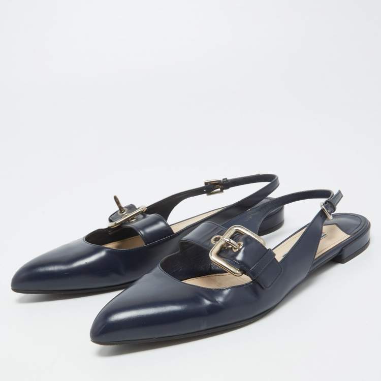 Pre Owned Prada Navy Blue Leather Buckle Slingback Flats Size 37