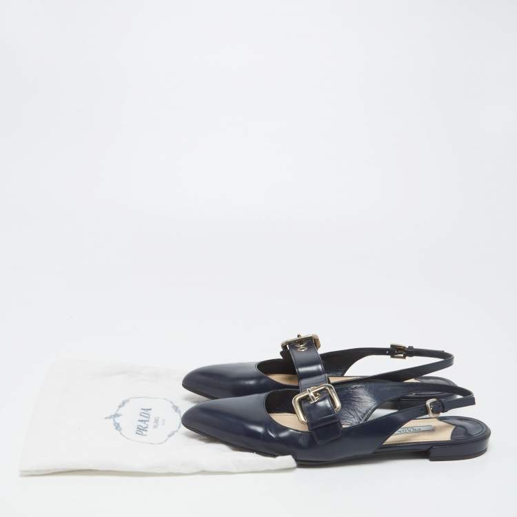 Pre Owned Prada Navy Blue Leather Buckle Slingback Flats Size 37
