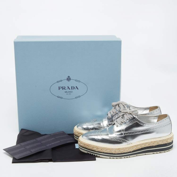 Pre Owned Prada Silver Leather Derby Sneakers Size 39  