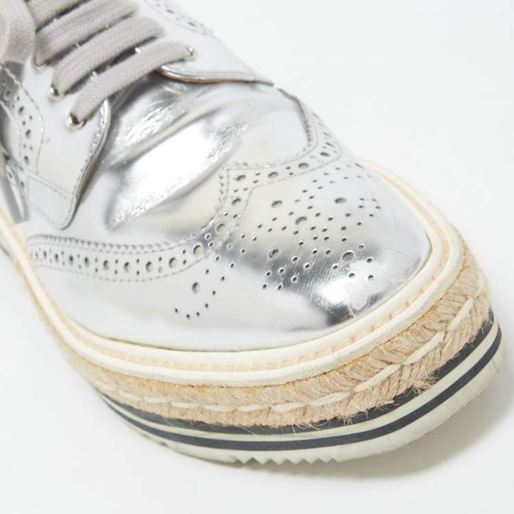 Pre Owned Prada Silver Leather Derby Sneakers Size 39  