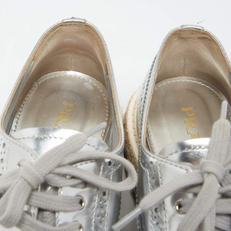 Pre Owned Prada Silver Leather Derby Sneakers Size 39  