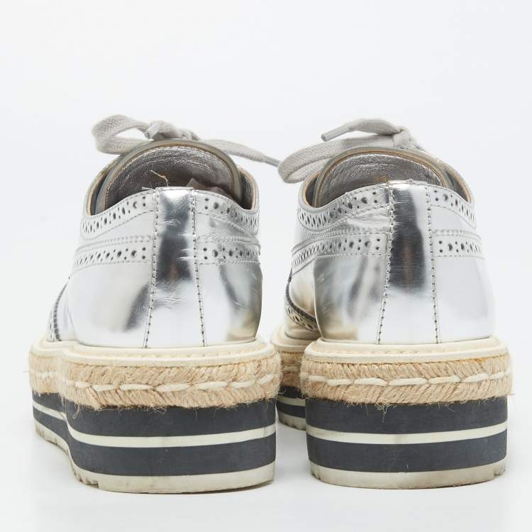 Pre Owned Prada Silver Leather Derby Sneakers Size 39  