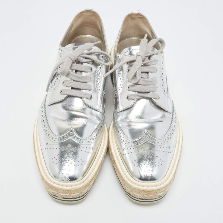 Pre Owned Prada Silver Leather Derby Sneakers Size 39  