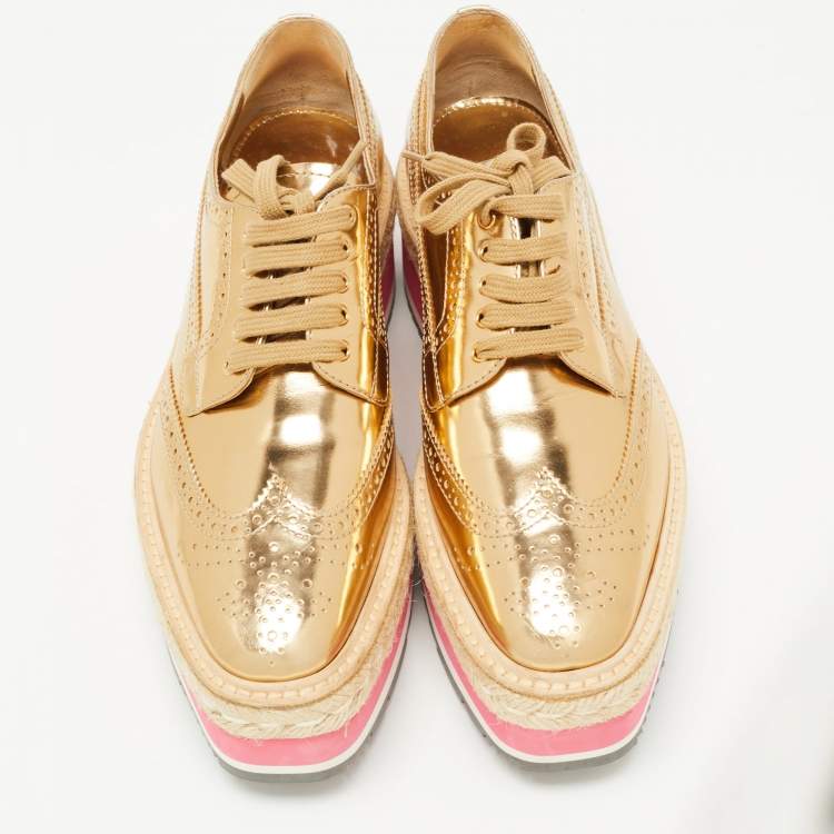 Pre Owned Prada Gold Leather Derby Sneakers Size 39  