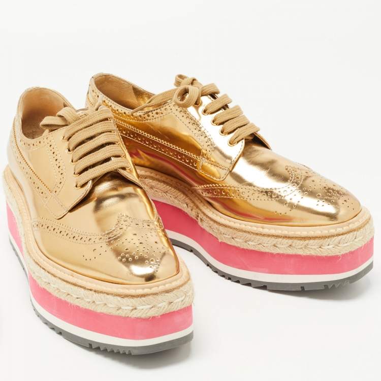 Pre Owned Prada Gold Leather Derby Sneakers Size 39  