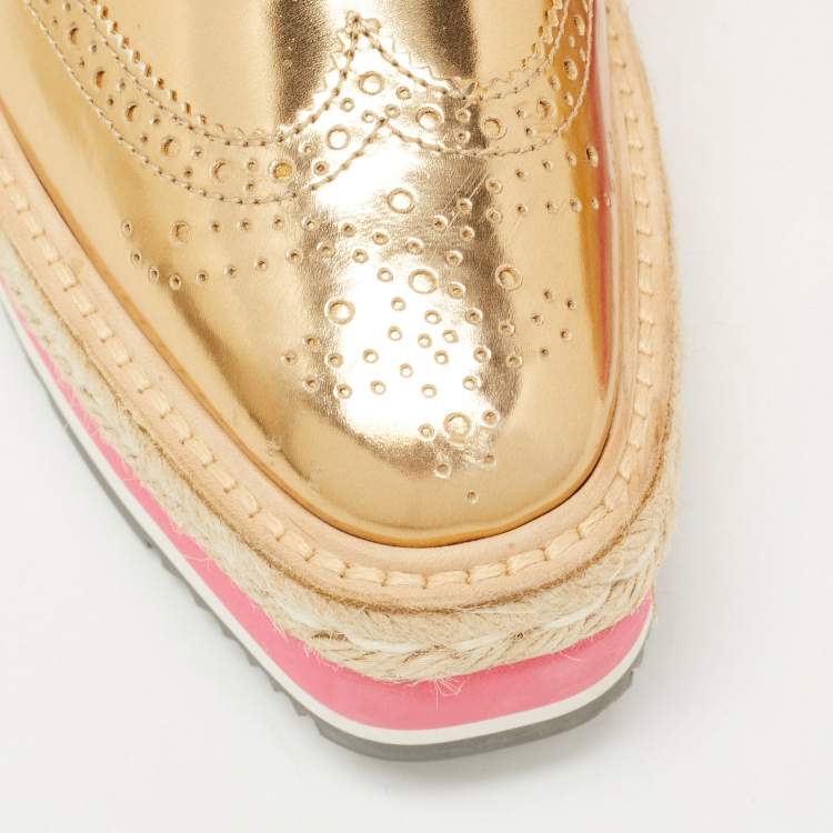 Pre Owned Prada Gold Leather Derby Sneakers Size 39  