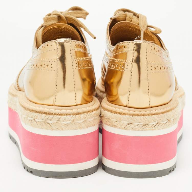 Pre Owned Prada Gold Leather Derby Sneakers Size 39  