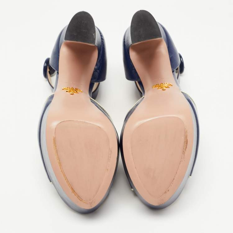 Pre Owned Prada Navy Blue Patent Platform Ankle Strap Sandals Size 39