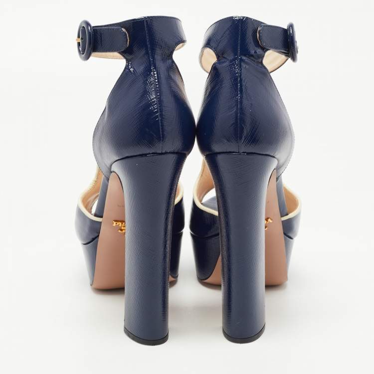 Pre Owned Prada Navy Blue Patent Platform Ankle Strap Sandals Size 39