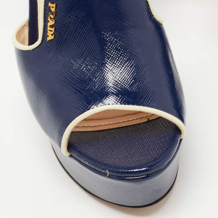 Pre Owned Prada Navy Blue Patent Platform Ankle Strap Sandals Size 39