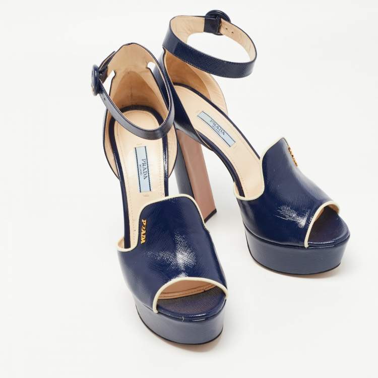 Pre Owned Prada Navy Blue Patent Platform Ankle Strap Sandals Size 39