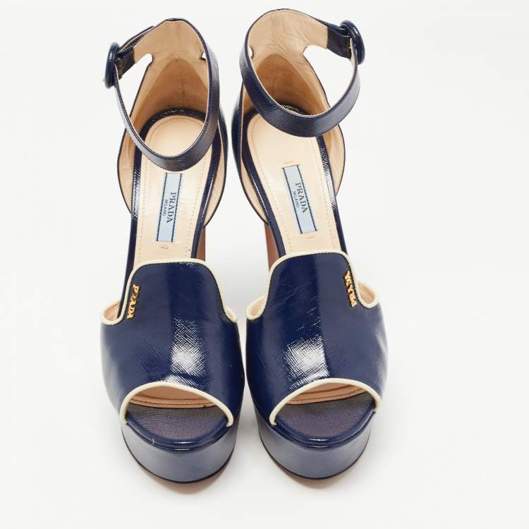 Pre Owned Prada Navy Blue Patent Platform Ankle Strap Sandals Size 39