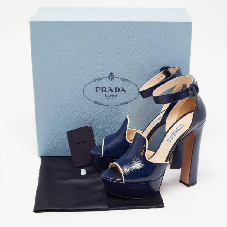 Pre Owned Prada Navy Blue Patent Platform Ankle Strap Sandals Size 39