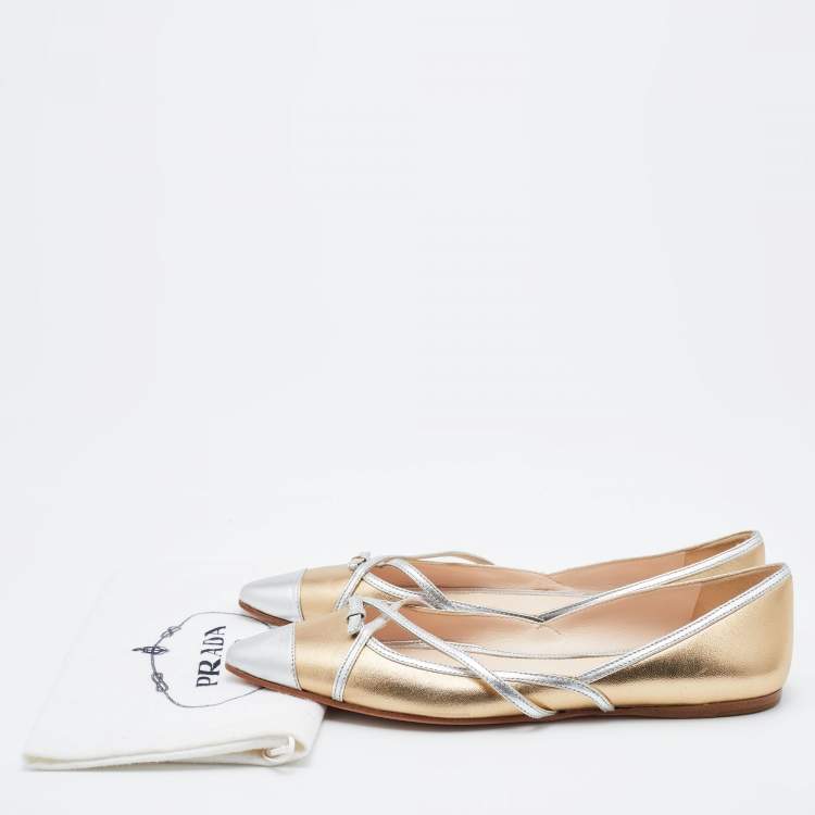 Pre Owned Prada Gold/Silver Leather Bow Pointed Toe Ballet Flats Size 38