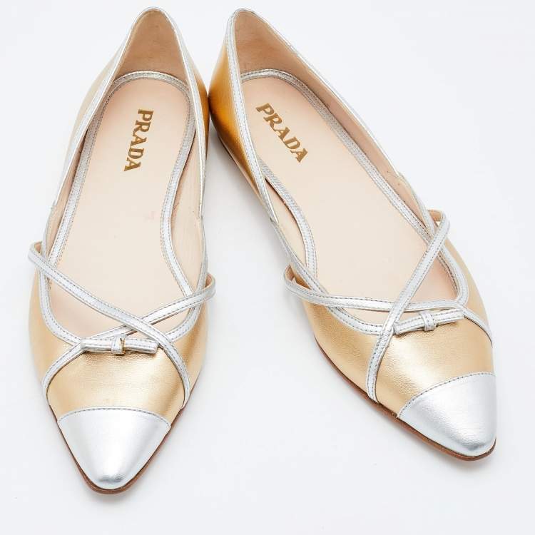 Pre Owned Prada Gold/Silver Leather Bow Pointed Toe Ballet Flats Size 38