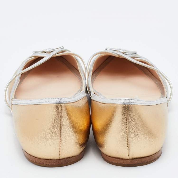 Pre Owned Prada Gold/Silver Leather Bow Pointed Toe Ballet Flats Size 38