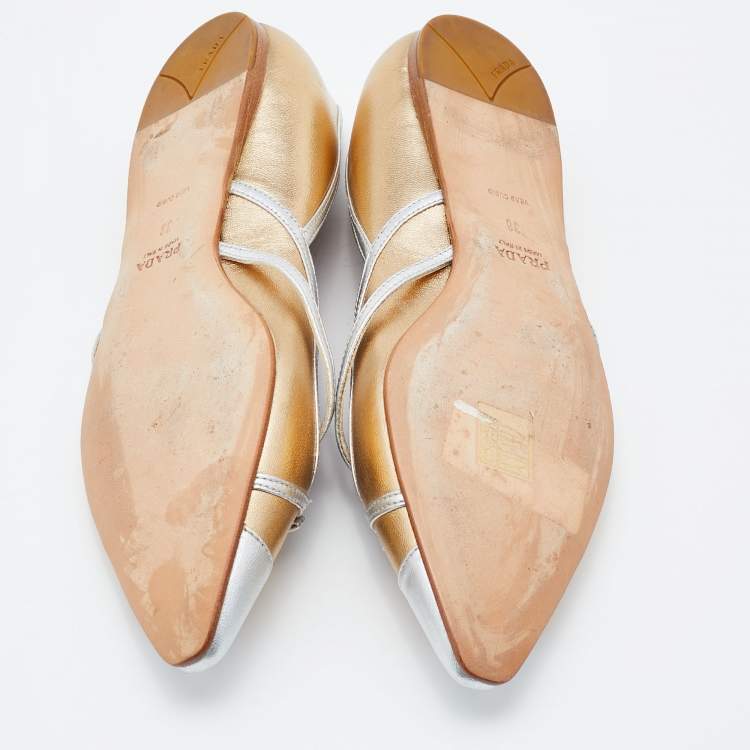 Pre Owned Prada Gold/Silver Leather Bow Pointed Toe Ballet Flats Size 38
