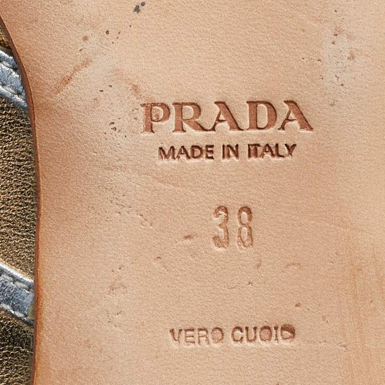 Pre Owned Prada Gold/Silver Leather Bow Pointed Toe Ballet Flats Size 38