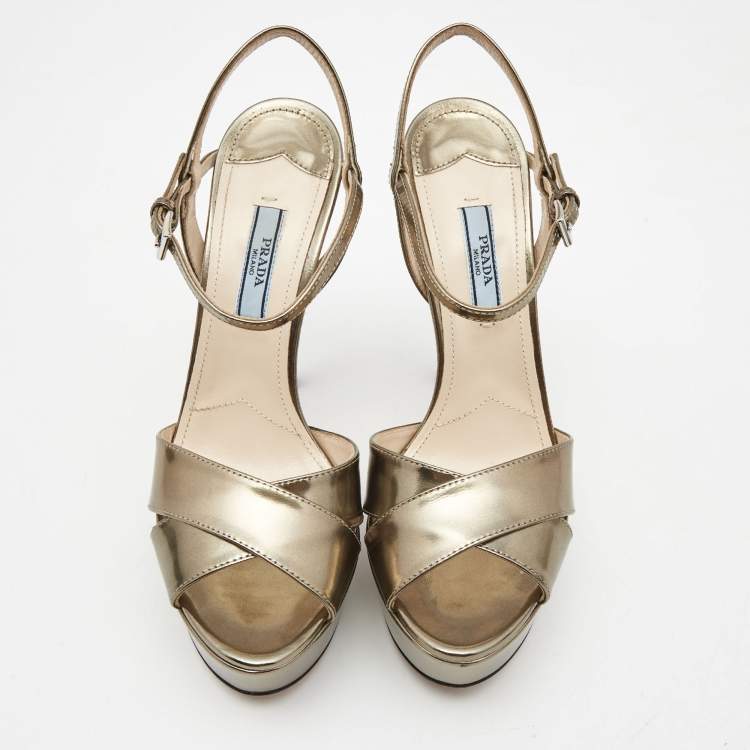 Pre Owned Prada Metallic Leather Platform Ankle-Strap Sandals Size 37.5