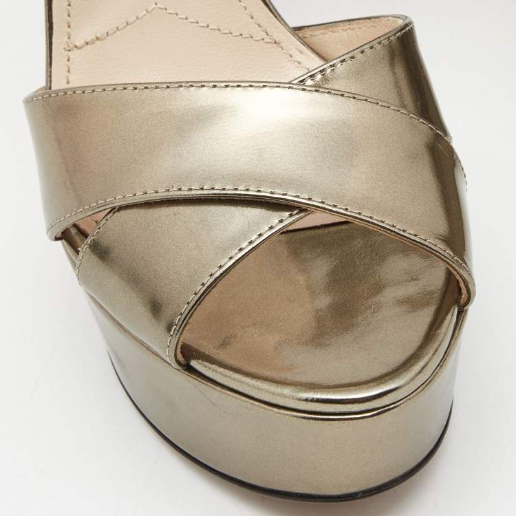Pre Owned Prada Metallic Leather Platform Ankle-Strap Sandals Size 37.5