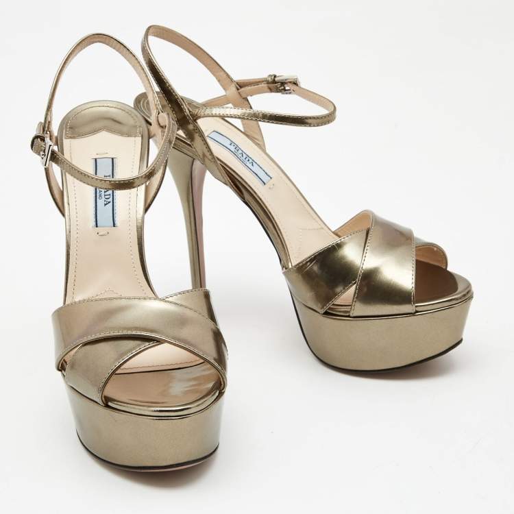 Pre Owned Prada Metallic Leather Platform Ankle-Strap Sandals Size 37.5