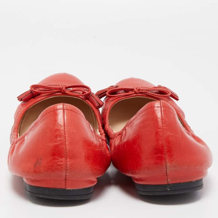 Pre Owned Prada Red Leather Tassel Bow Scrunch Ballet Flats Size 39