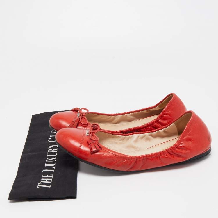 Pre Owned Prada Red Leather Tassel Bow Scrunch Ballet Flats Size 39