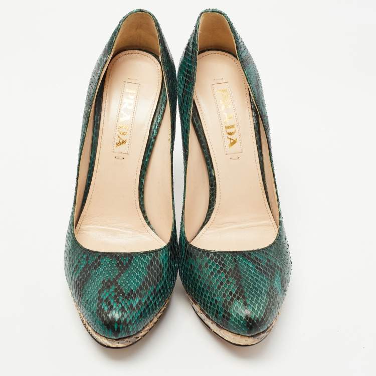 Pre Owned Prada Dark Green Python Platform Pumps Size 36.5