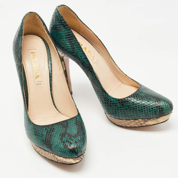 Pre Owned Prada Dark Green Python Platform Pumps Size 36.5