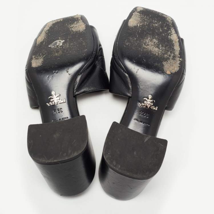 Pre Owned Prada Black Leather Quilted Block Heel Slide Sandals Size 39.5