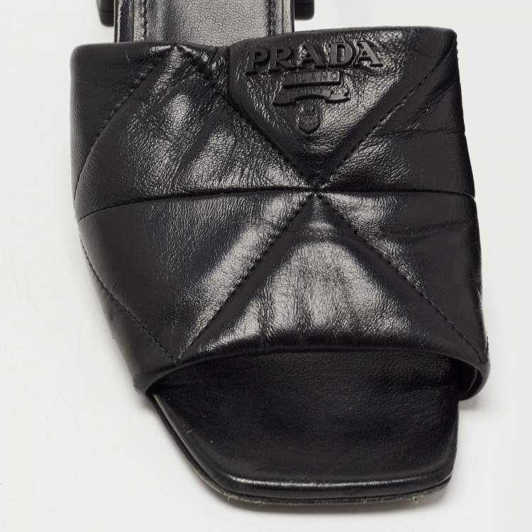 Pre Owned Prada Black Leather Quilted Block Heel Slide Sandals Size 39.5