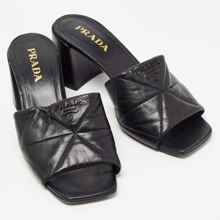 Pre Owned Prada Black Leather Quilted Block Heel Slide Sandals Size 39.5