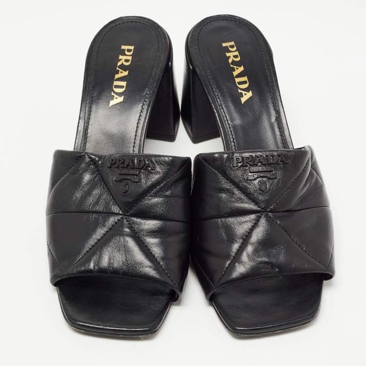 Pre Owned Prada Black Leather Quilted Block Heel Slide Sandals Size 39.5