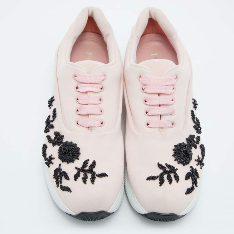 Pre Owned Prada Pink Neoprene Beads Embellished Cloudbust Lace Up Sneakers Size 38.5