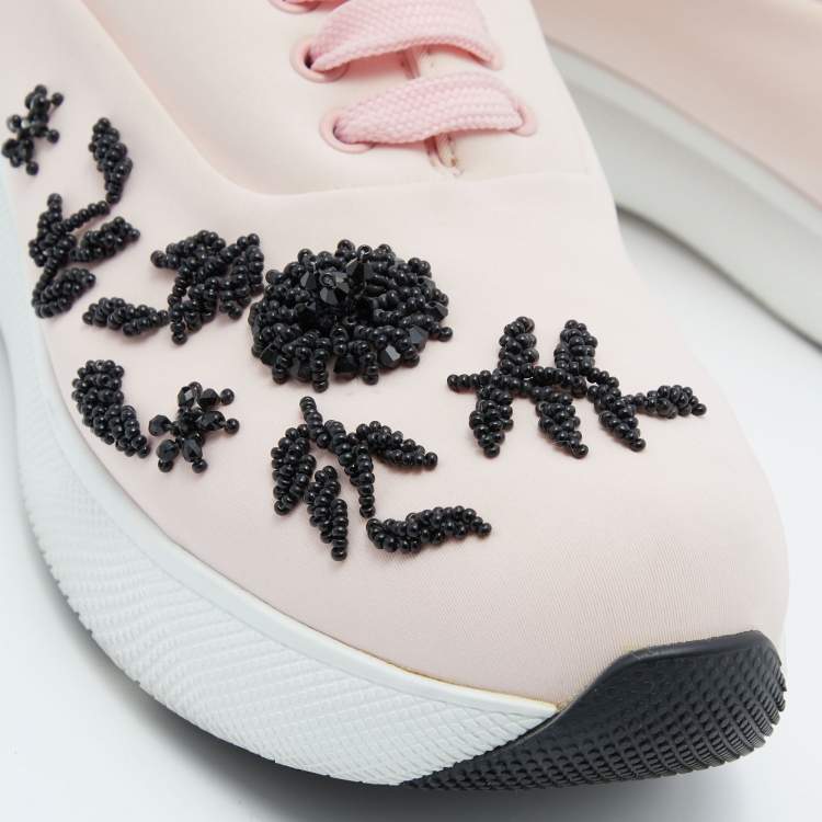 Pre Owned Prada Pink Neoprene Beads Embellished Cloudbust Lace Up Sneakers Size 38.5