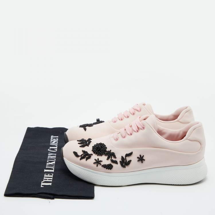 Pre Owned Prada Pink Neoprene Beads Embellished Cloudbust Lace Up Sneakers Size 38.5