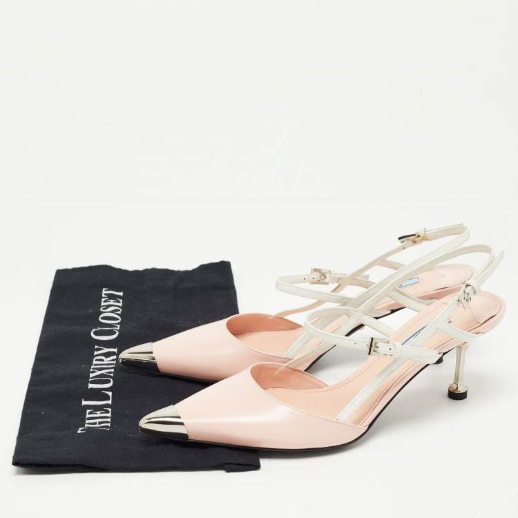 Pre Owned Prada Pink/White Leather Pointed Toe Slingback Pumps Size 38.5
