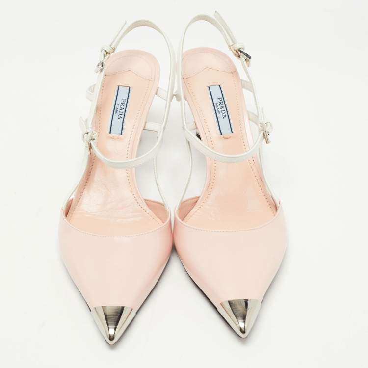 Pre Owned Prada Pink/White Leather Pointed Toe Slingback Pumps Size 38.5