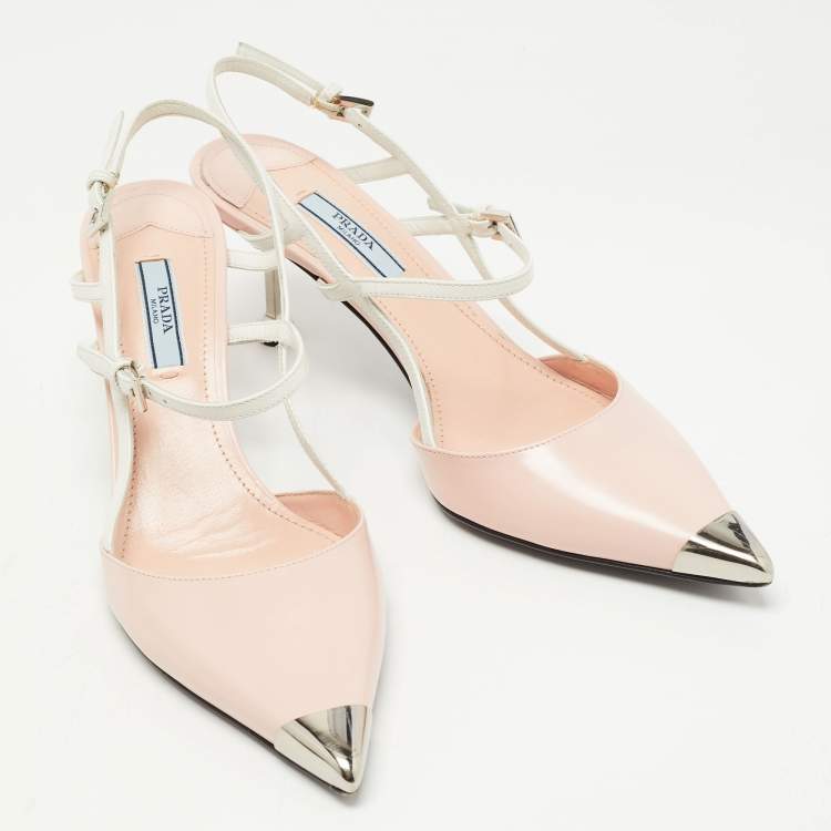 Pre Owned Prada Pink/White Leather Pointed Toe Slingback Pumps Size 38.5