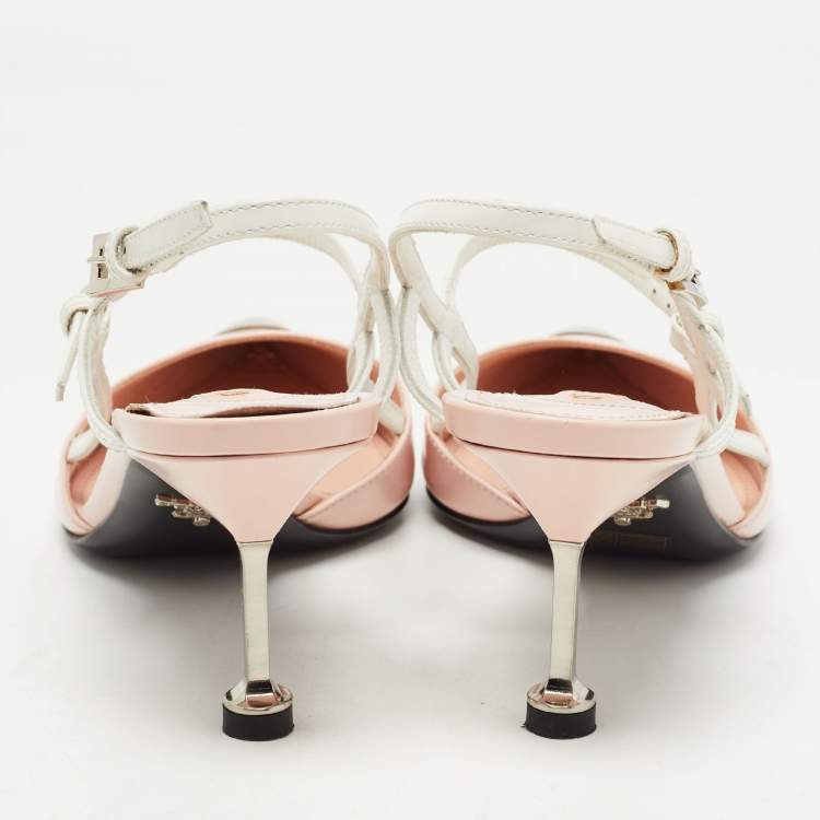 Pre Owned Prada Pink/White Leather Pointed Toe Slingback Pumps Size 38.5