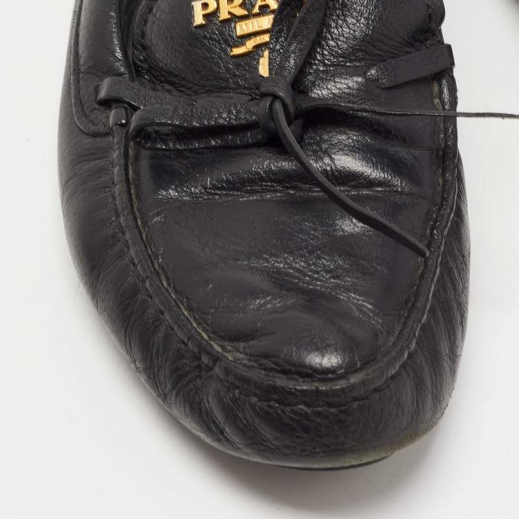 Pre Owned Prada Black Leather Bow Detail Loafers Size 38.5