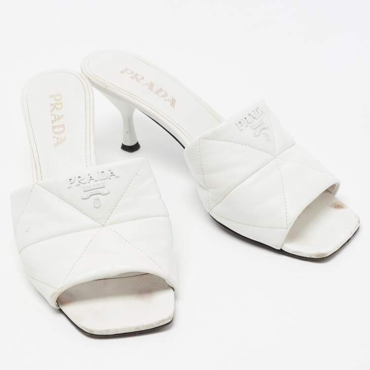 Pre Owned Prada White Quilted Leather Slide Sandals Size 38.5