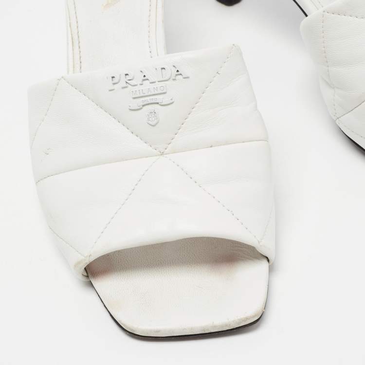 Pre Owned Prada White Quilted Leather Slide Sandals Size 38.5