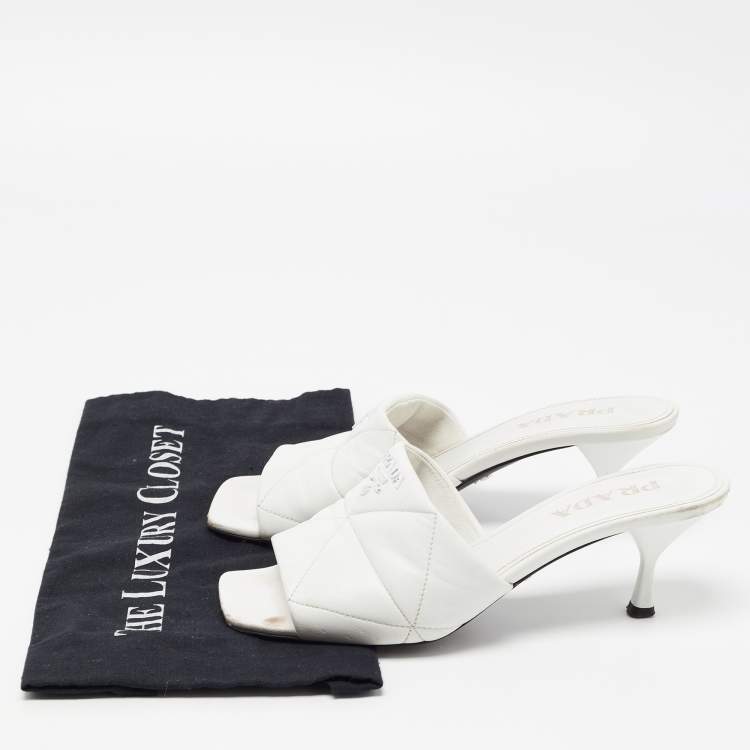 Pre Owned Prada White Quilted Leather Slide Sandals Size 38.5