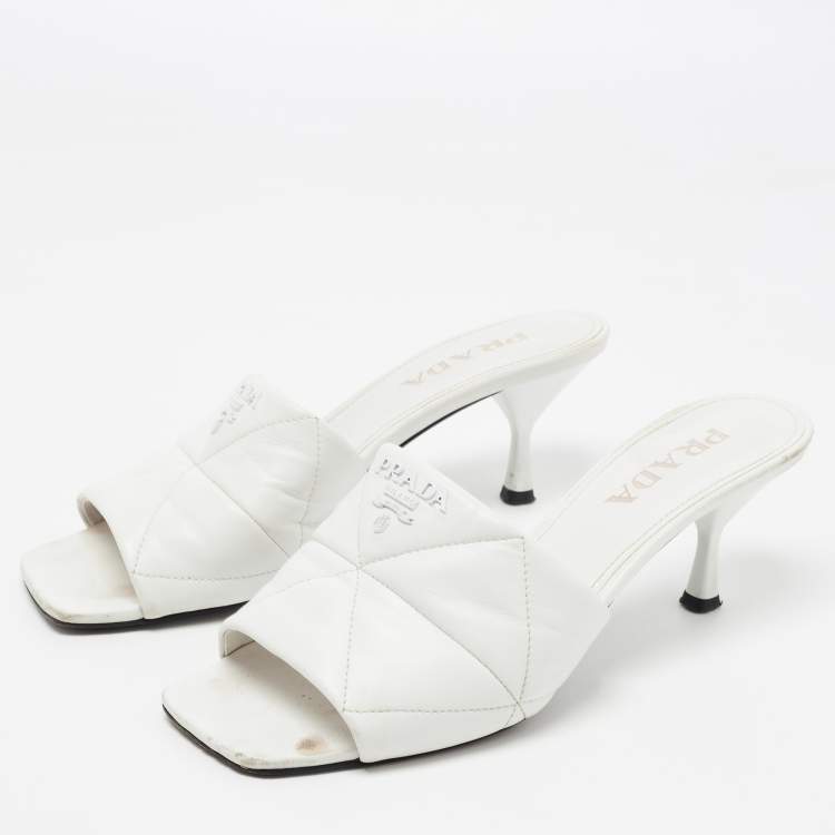 Pre Owned Prada White Quilted Leather Slide Sandals Size 38.5