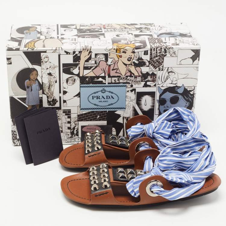 Pre Owned Prada Brown/Blue Leather Studded Ribbon Flat Sandals Size 36